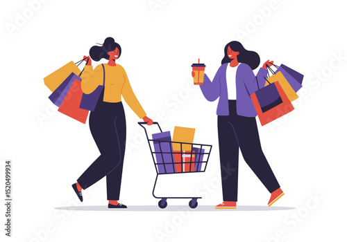 Shopping Spree: Two Women with Bags and Cart Illustration