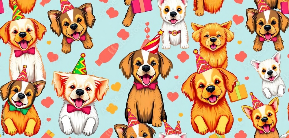 Obraz premium Colorful seamless pattern featuring playful dogs with party hats and gifts, bow, cute