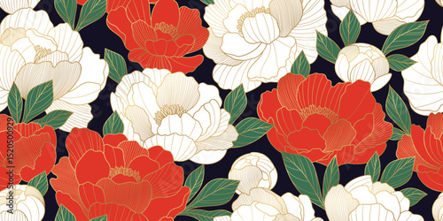 Chinese luxury seamless pattern with oriental peony flowers and leaves. Asian vector background of gold lines art texture. Design illustration for wallpaper, card, poster, packaging, advertising
