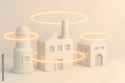Wallpaper Mural Minimalist 3D Models of Buildings with Glowing Halos on Light Beige Background Torontodigital.ca