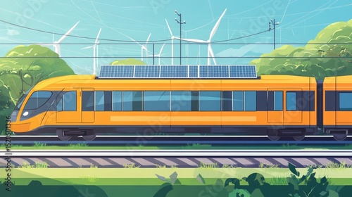 Close up of green power solutions for electric trains using renewable energy sources such as wind, solar, and hydropower to power sustainable, zero-emission public transportation systems
