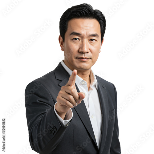 Confident middle-aged Asian businessman in a dark suit pointing his finger directly at the camera. Professional male executive making a decisive gesture, isolated on a transparent background. photo