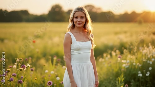 Young woman smiling in white dress standing in field at sunset  