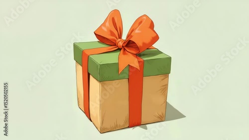 Gift box wrapped in green paper with orange ribbon on pastel background  