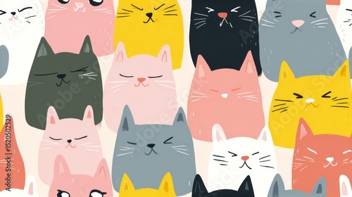Cute flat design cat faces seamless pattern, various cat emotions (happy, sleepy, surprised, angry), pastel background, kawaii style, simple shapes, no shadows, modern minimal, kids illustration.