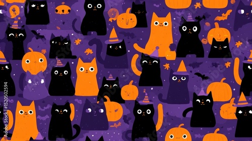 Flat design halloween cats seamless pattern, black cats with witch hats, pumpkins and bats, orange and purple color theme, simple and cute illustration.