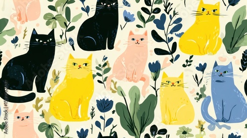 Cute flat design cats sitting among flowers and leaves, seamless pattern, flat style, no shadows, pastel color tones, simple modern illustration.