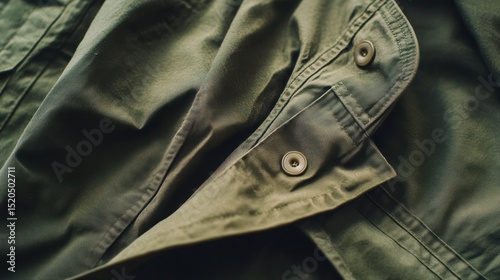 Close-up view of a folded olive drab jacket.