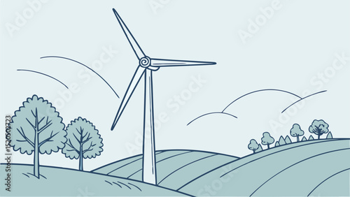 Illustration of wind turbine on rolling hills landscape for renewable energy and sustainability projects