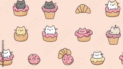 Flat style seamless pattern of cats inside croissants, donuts and cupcakes, cute and minimalist design, pastel bakery color theme, kawaii illustration, clean lines.