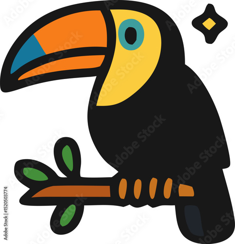 Toucan perched on a branch icon, ideal for junglethemed designs, tropical presentations, wildlife publications, nature blogs, and travel brochures.