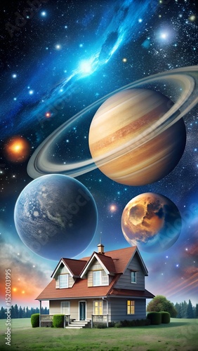 Beautiful space home glowing in galaxy view vertical phone image for advertising futuristic living and promoting luxury real estate agency laralara for creating ads news
