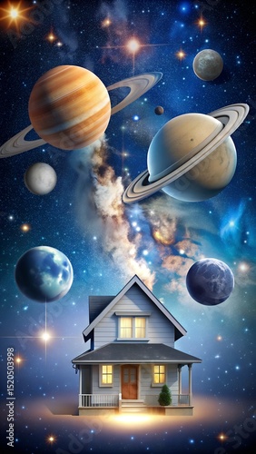 Stunning vertical visual of cosmic home futuristic villa floating between planets perfect for real estate branding or mobile screen backgrounds laralara for creating ads news