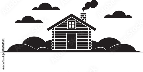 Rustic Cabin in the Woods Silhouette – Cozy Log House Vector with Clouds and Smoky Chimney