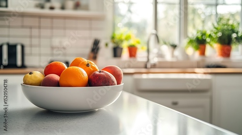 A bowl of colorful fruit on a kitchen counter.