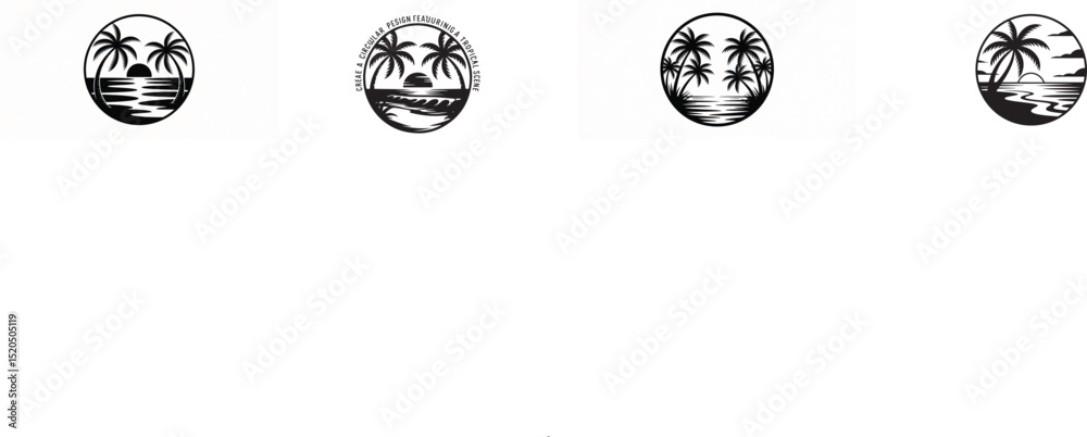 Obraz premium Tropical Sunset Icon Set – Palm Tree Beach Silhouette Vector Collection in Circular Frames