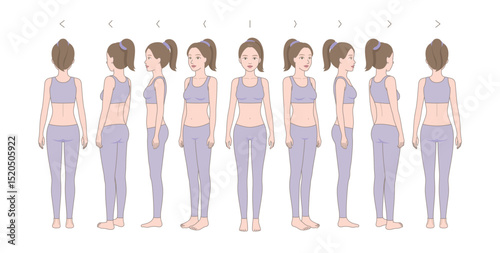 Full-length standing portrait in underwear. Nine angles figure front, 3 of 4, side, back views shape. Female body profile.