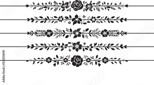 Elegant Floral Divider Collection – Rose and Leaf Silhouette Border Vector Set for Invitations and Crafts