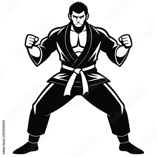 Strong karate fighter illustration ready for a fight in black and white.