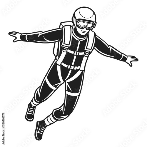 Skydiver in freefall black and white vector illustration.