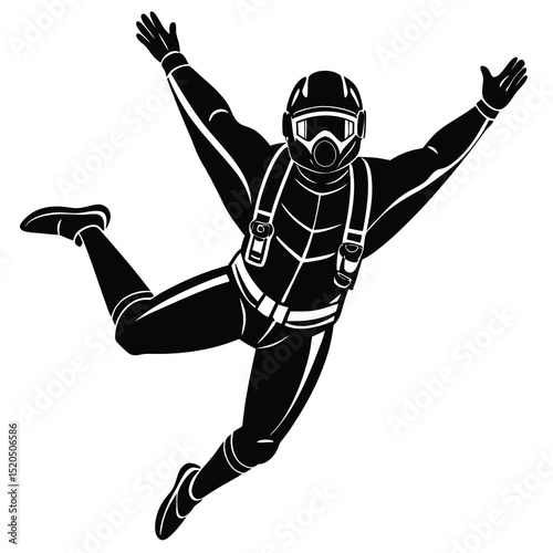 Skydiver in black jumpsuit with helmet and arms extended flat vector.