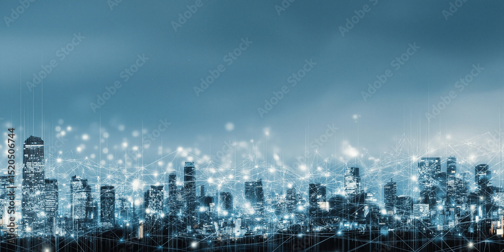 Fototapeta premium Illuminated cityscape showing interconnected network at dusk