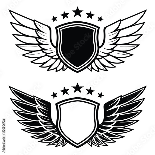 Winged shield emblems with stars black and white vector graphics set.