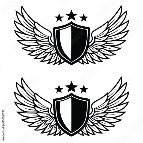 Winged shield with stars black and white vector set design element.