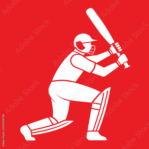 Cricket batsman silhouette ready to hit the ball on red background.