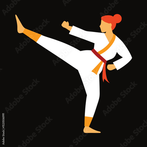 Woman in karate uniform performing a high kick flat design. karate, martial arts, woman, uniform, kick, sport.