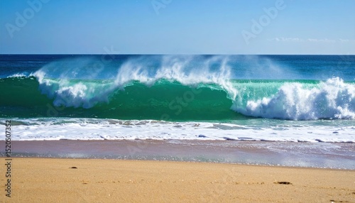 Dramatic ocean wave breaking on a sandy beach creating dynamic sea spray