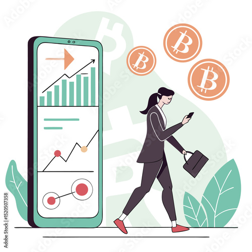 Businesswoman walking with phone and financial data