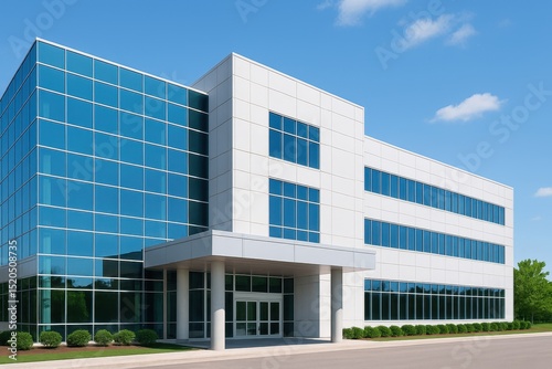Wallpaper Mural Modern Glass Building with Reflective Windows and Clear Blue Sky in a Commercial Area Torontodigital.ca