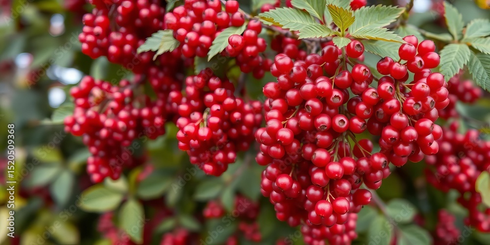 Fototapeta premium Intricate red currant berry clusters overlaid with blurred foliage, creating an abstract natural scene, composition, photo