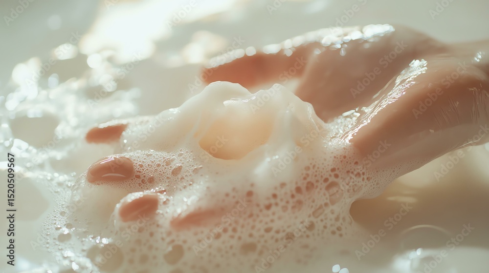 Fototapeta premium soap being pumped onto hand, white table surface, crisp product focus, high resolution texture