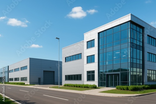 Modern Industrial Building with Glass Facade and Clear Sky, Suitable for Corporate and Business Concepts in Contemporary Architecture