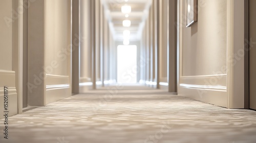 Elegant hotel hallway with patterned carpeting.