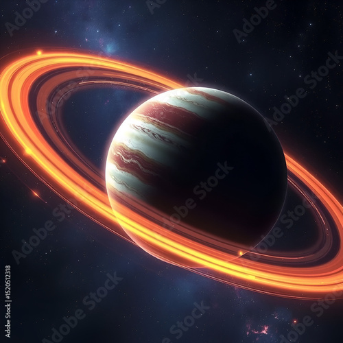 Stunning depiction of a planet with glowing rings in a cosmic setting.