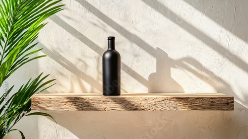 realistic matte bottle resting on Japanese-style plaster shelf embedded in natural wall, diagonal lines of indirect sunlight draw attention to object