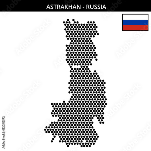 Medium hexagonal dotted map of Astrakhan in Russia