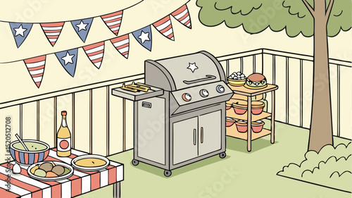 Fourth of july backyard barbecue party illustration with grill food and patriotic decorations scene cartoon