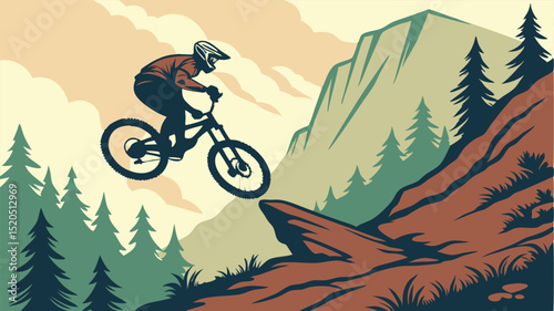 Mountain biking extreme sports downhill biking adventure bike trail riding outdoor recreation vector graphic