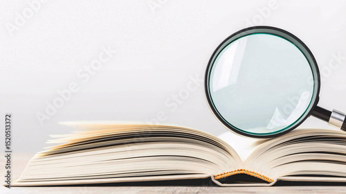 Magnifying glass rests on open book providing a detailed view of learning and discovery process.