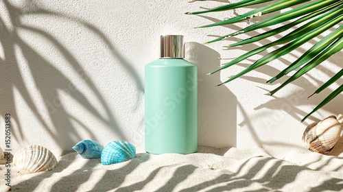 minimal mockup of a matte seafoam green perfume bottle set on clean white sand, sunlight casting cool diagonal shadows, fragments of blue shells and wet beach stones enhance freshness
