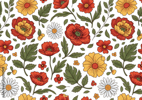 Seamless Folk Botanical Pattern – Hand-Drawn Vintage Floral Vector Design