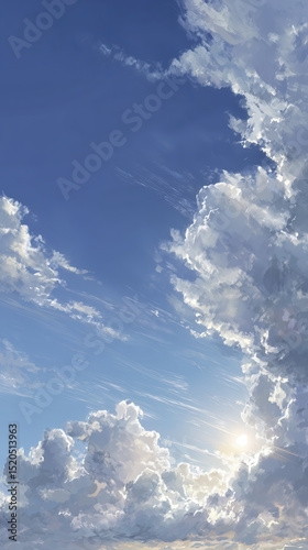 Fluffy cloud drifts serenely across vast clear sky, sun shines far above creating an uplifting and boundless feeling, full of sunny bliss