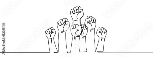Continuous lines, multiple hands raising fists Line Art Vector Transparent Background Edit Stroke.