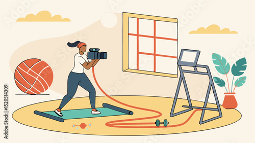 Fitness instructor filming workout video at home studio for online class and personal training program