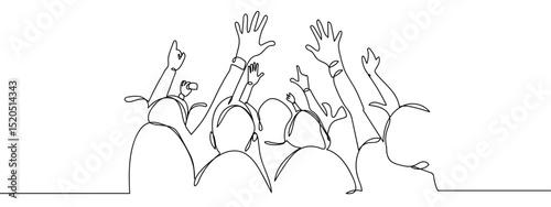 Continuous line, group of people raising their hands in front of the stage at a concert, party. Line Art Vector Transparent Background Edit Stroke.