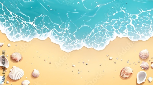 High-angle view of a beach scene with waves and seashells.